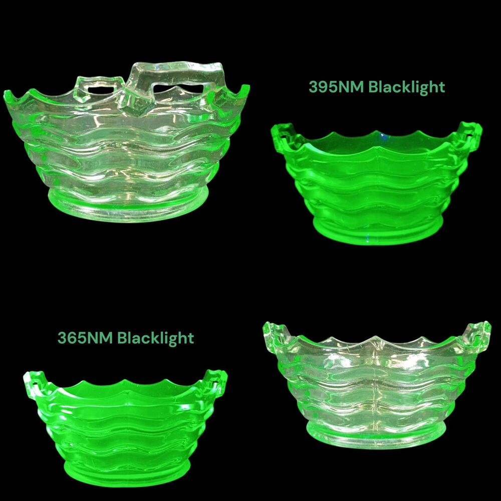 1x Vintage Green Uranium Glass Bowl Scalloped Edge Open Handles Depression 8"